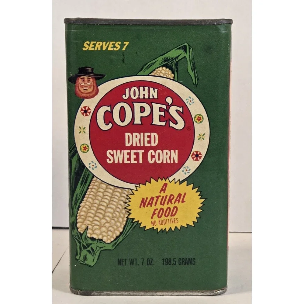 Vintage John Cope’s Dried Sweet‎ Corn Tin Can Mid Century Green Food Advertising